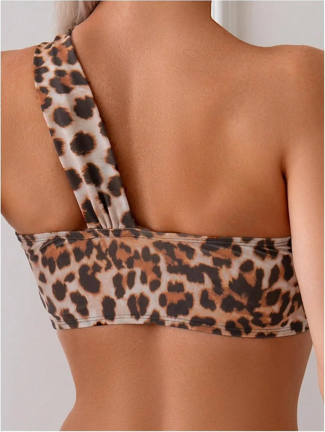 SweatyRocks Women's One Shoulder Leopard Bikini Set Drawstring High Cut Swimsuit 2 Piece Bathing Suit