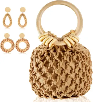 Sweetude Mini Clutch Tote Handbag 2 Pairs Rattan Earrings for Women Bucket Drawstring Handbag Bohemian Woven Clutch