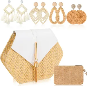Sweetude Straw Clutch Purse for Women Rattan Earrings Set Summer Beach Straw Bag Boho Handbag Woven Wallet for Vacation