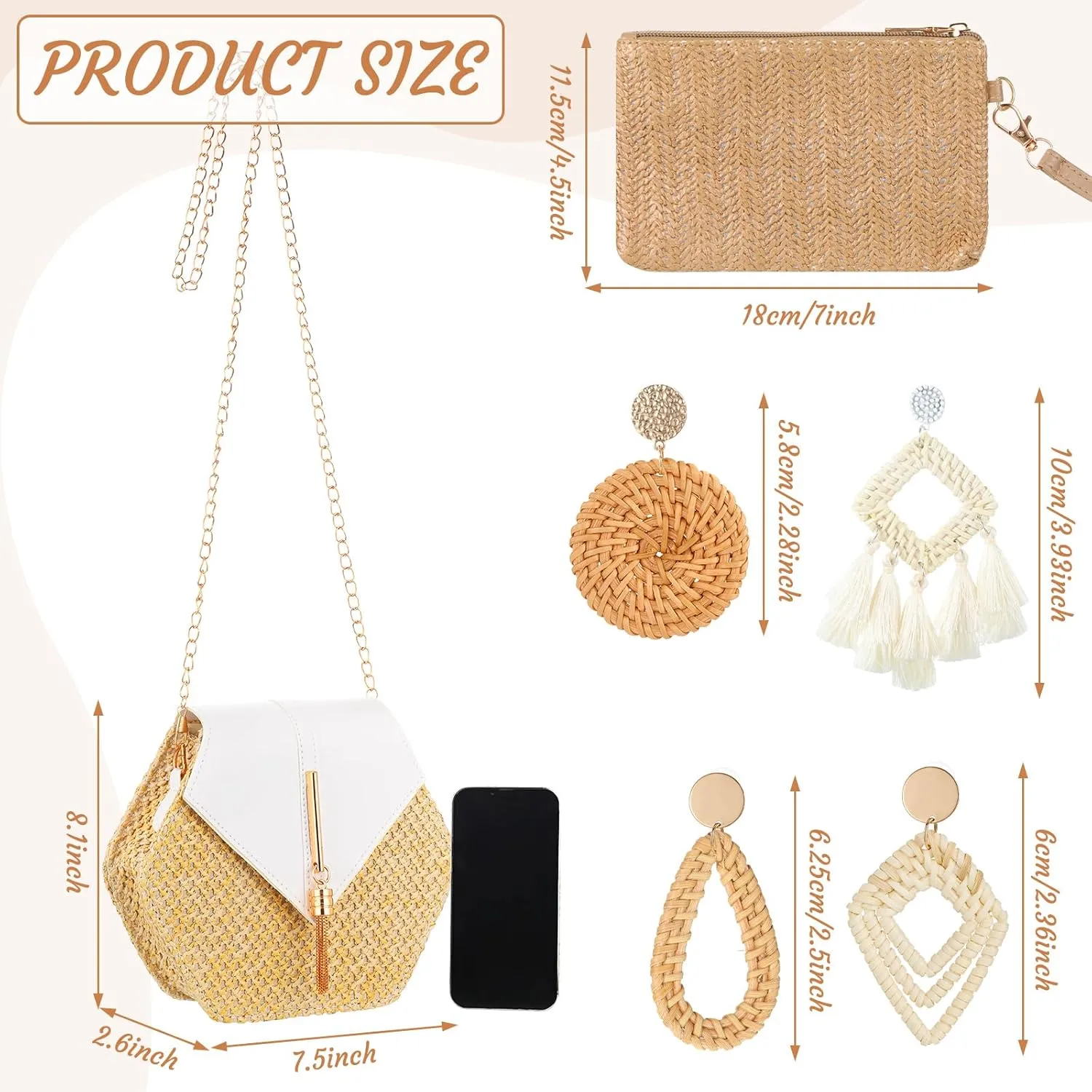 Sweetude Straw Clutch Purse for Women Rattan Earrings Set Summer Beach Straw Bag Boho Handbag Woven Wallet for Vacation