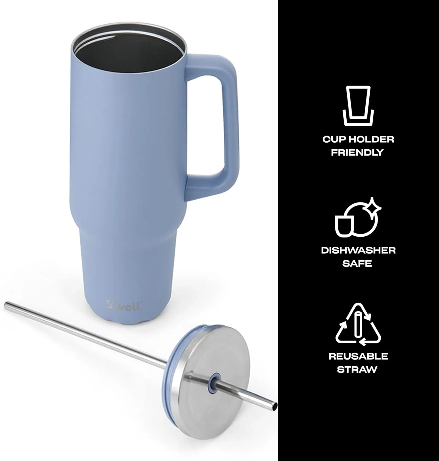 S'well Recycled Stainless Steel Tumbler XL with Straw and Handle, 40oz, Hydrangea Blue, Triple Layered Vacuum Insulated Containers Keeps Drinks Cold for 50 hours, Hot for 10, and Iced for 4 days