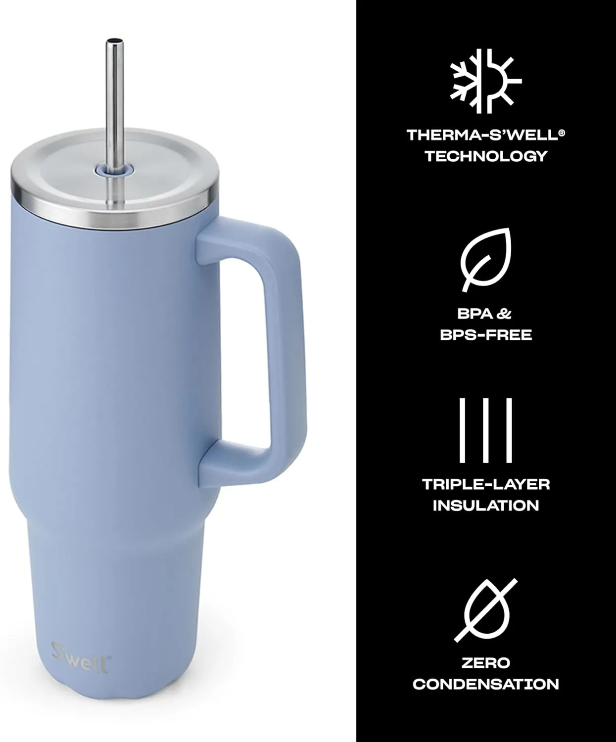 S'well Recycled Stainless Steel Tumbler XL with Straw and Handle, 40oz, Hydrangea Blue, Triple Layered Vacuum Insulated Containers Keeps Drinks Cold for 50 hours, Hot for 10, and Iced for 4 days