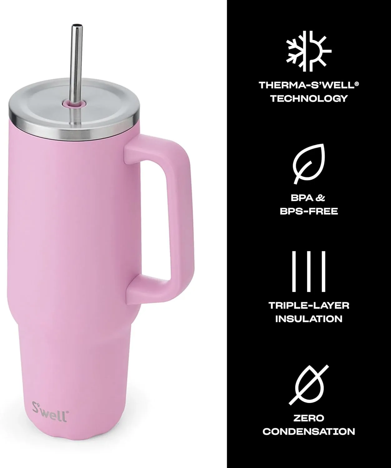 S'well Recycled Stainless Steel Tumbler XL with Straw and Handle, 40oz, Hydrangea Pink, Triple Layered Vacuum Insulated Containers Keeps Drinks Cold for 50 hours and Hot for 10