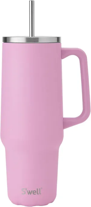 S'well Recycled Stainless Steel Tumbler XL with Straw and Handle, 40oz, Hydrangea Pink, Triple Layered Vacuum Insulated Containers Keeps Drinks Cold for 50 hours and Hot for 10