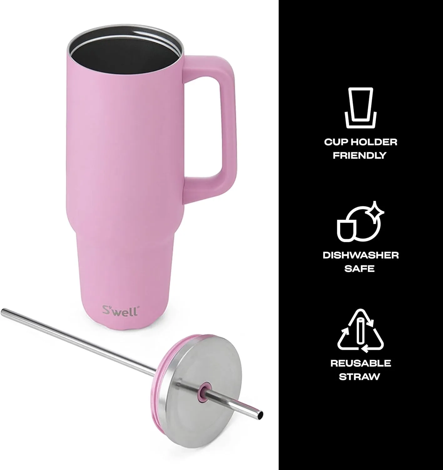 S'well Recycled Stainless Steel Tumbler XL with Straw and Handle, 40oz, Hydrangea Pink, Triple Layered Vacuum Insulated Containers Keeps Drinks Cold for 50 hours and Hot for 10