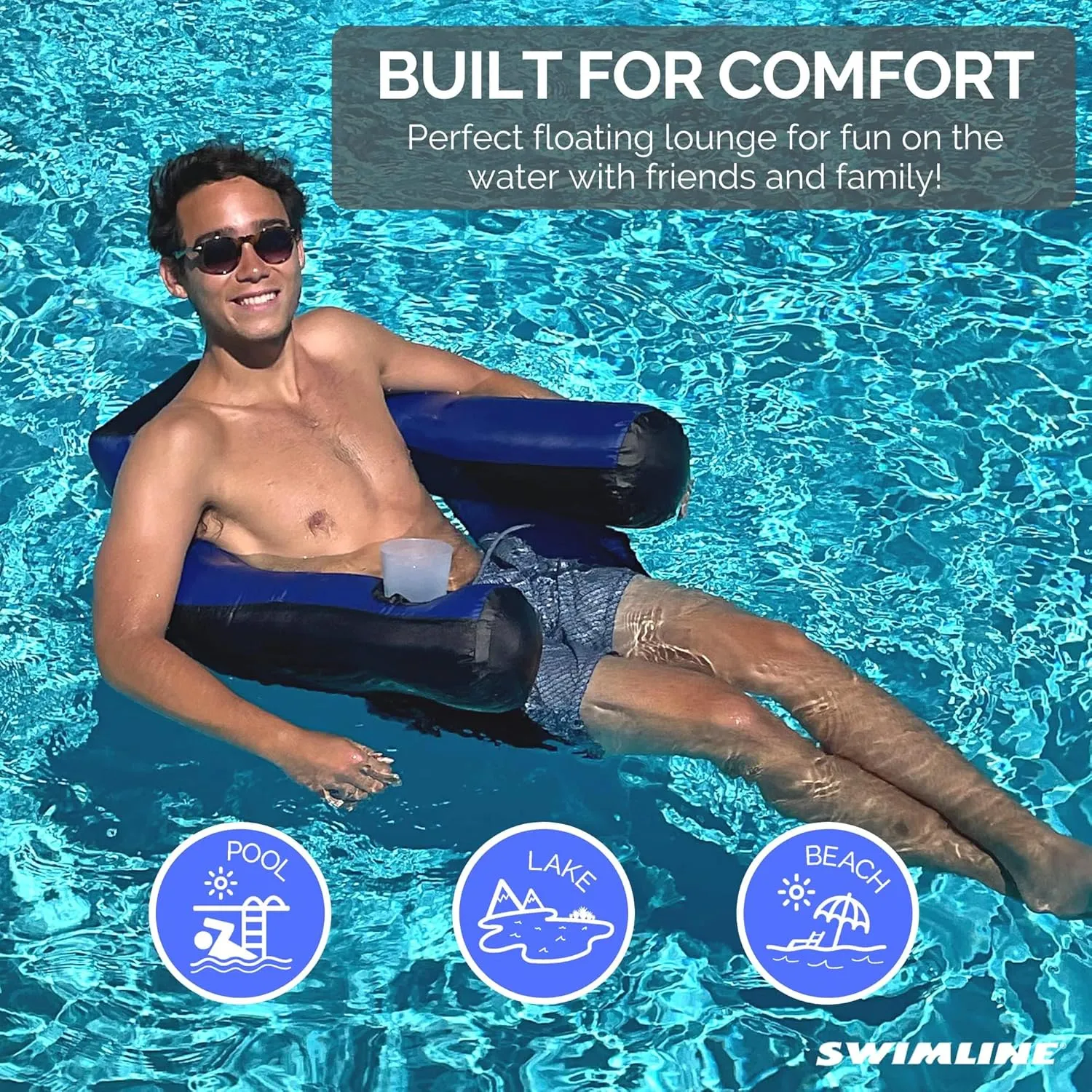 SWIMLINE ORIGINAL Fabric Covered U-Seat Inflatable Pool Lounger | With Comfortable Sling Seat, Back Rest, and Built In Cup Holder | For Pool, Beach, Lake, and More