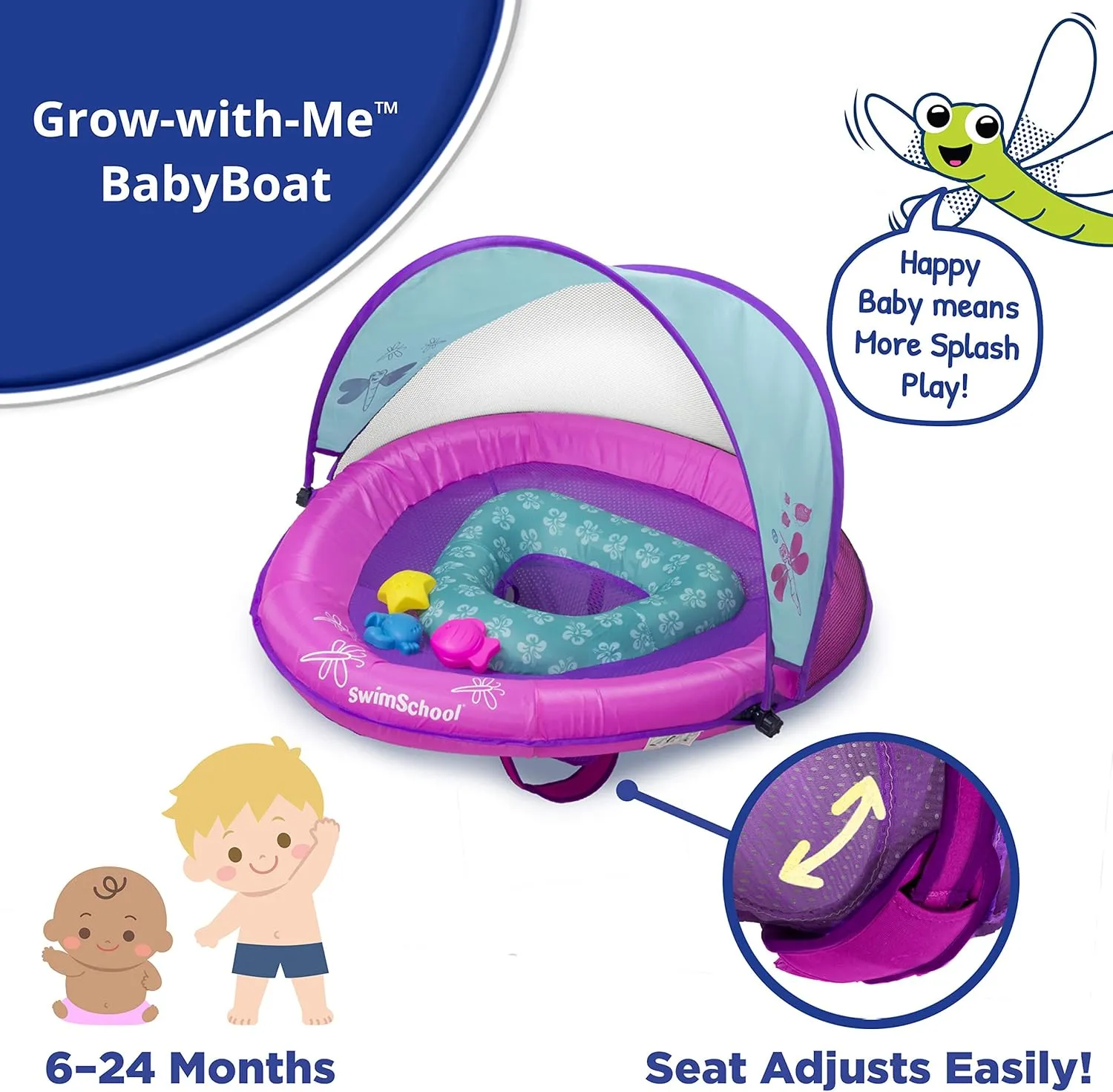 SwimSchool Infant Baby Pool Floats, Free Swimming, Super Buoyant – Ages 6-24 Months – Multiple Colors/Styles – Adjustable Canopies and Seats, Splash & Play Baby Floaties