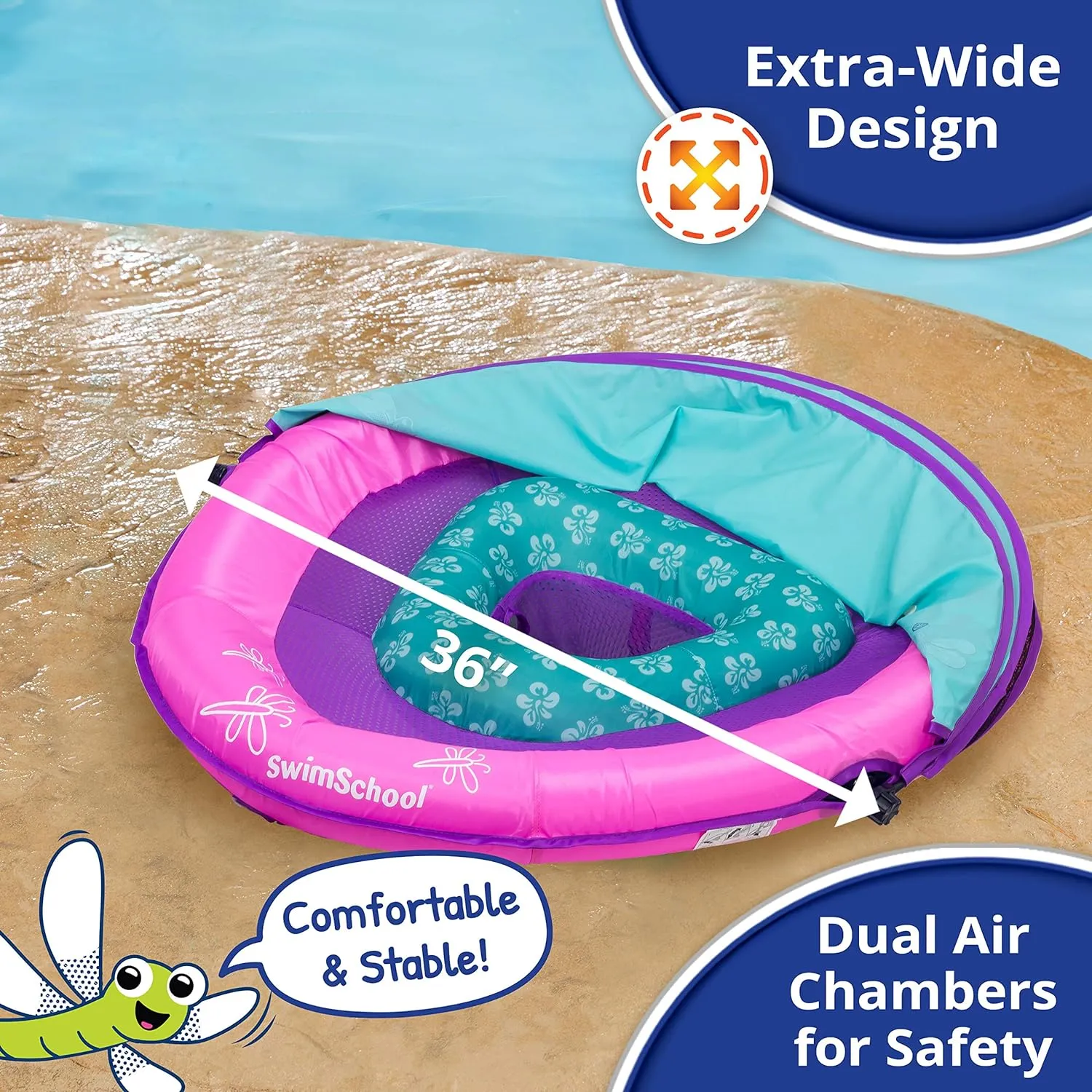 SwimSchool Infant Baby Pool Floats, Free Swimming, Super Buoyant – Ages 6-24 Months – Multiple Colors/Styles – Adjustable Canopies and Seats, Splash & Play Baby Floaties