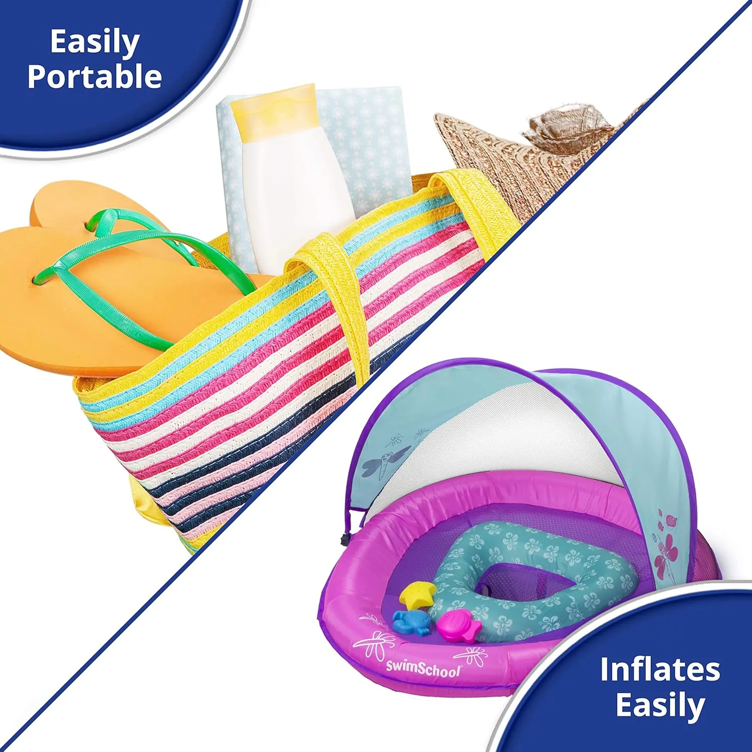 SwimSchool Infant Baby Pool Floats, Free Swimming, Super Buoyant – Ages 6-24 Months – Multiple Colors/Styles – Adjustable Canopies and Seats, Splash & Play Baby Floaties
