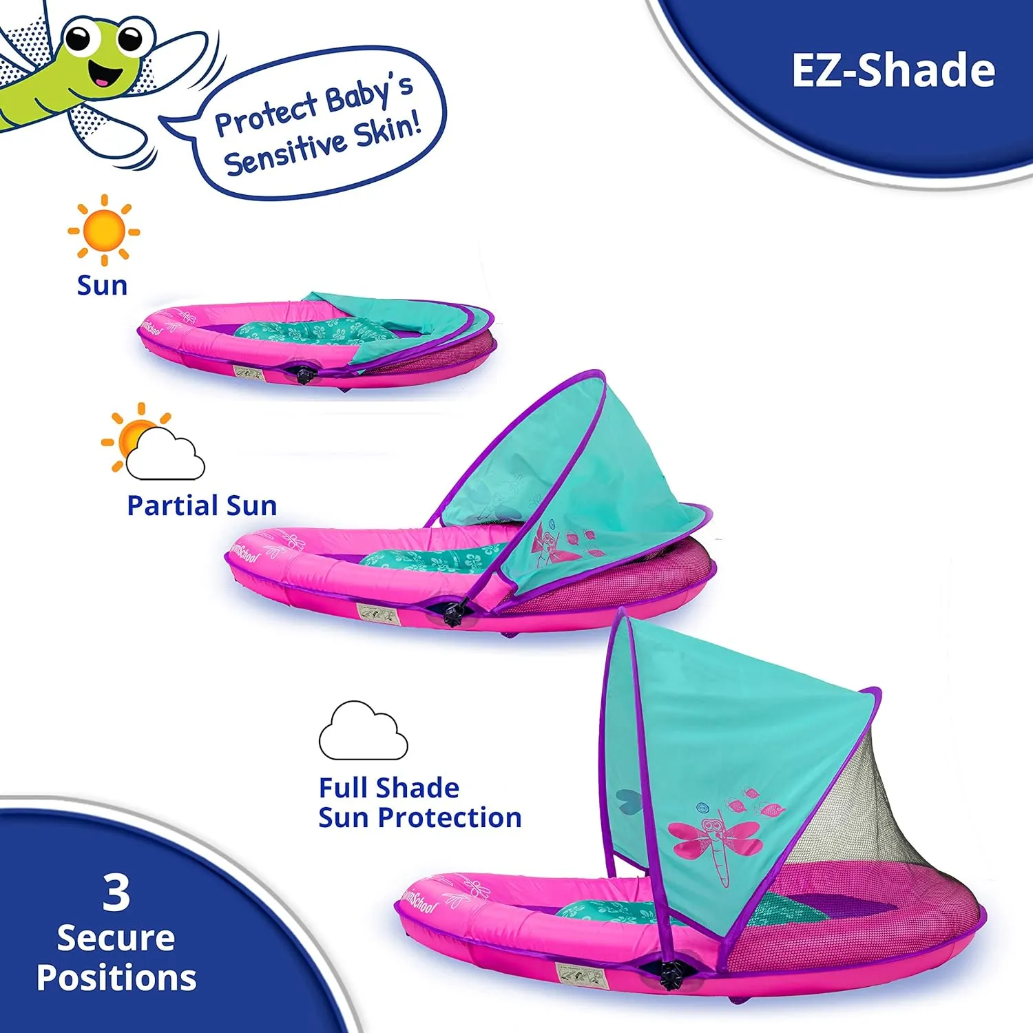 SwimSchool Infant Baby Pool Floats, Free Swimming, Super Buoyant – Ages 6-24 Months – Multiple Colors/Styles – Adjustable Canopies and Seats, Splash & Play Baby Floaties