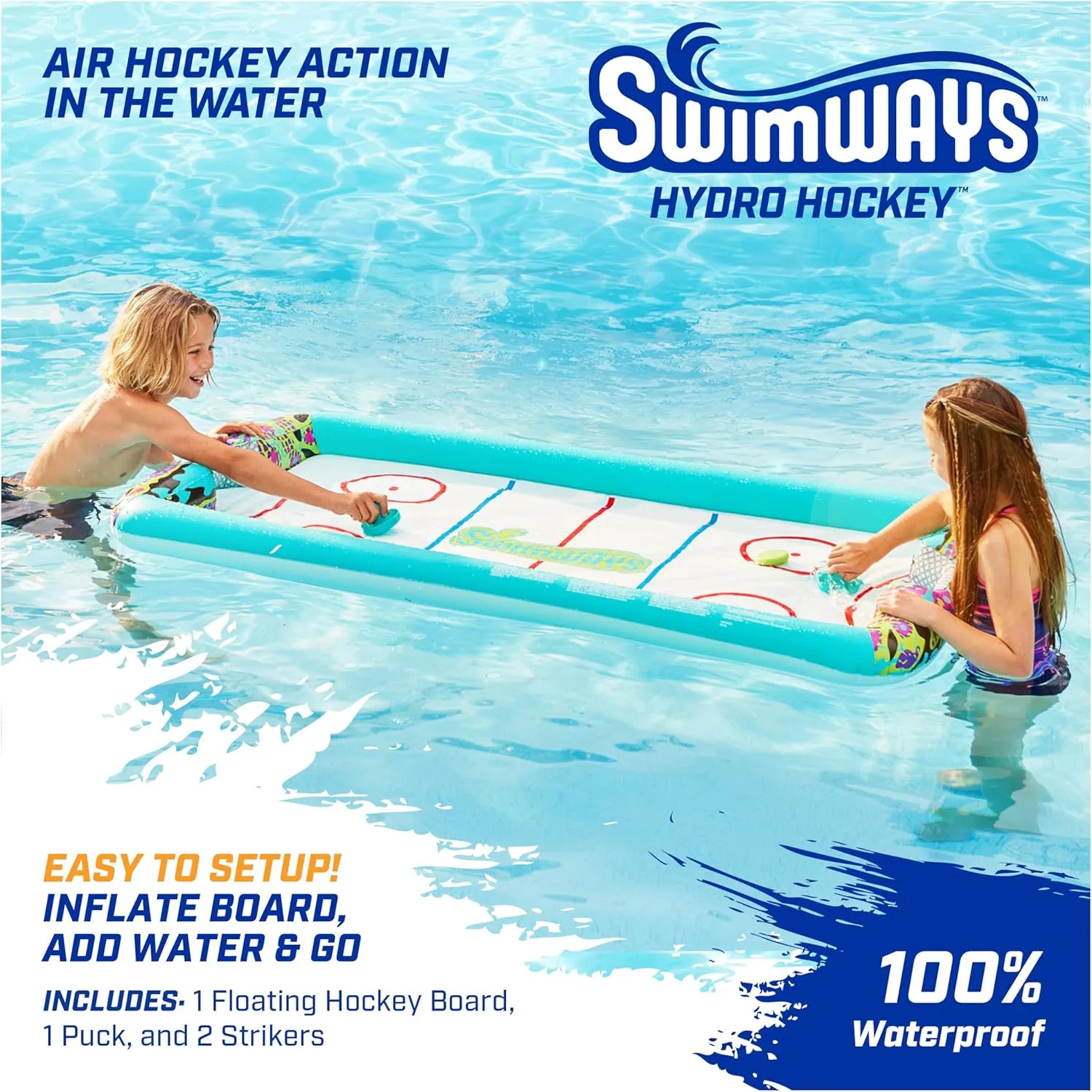 SwimWays Hydro Hockey Inflatable Water Floating Table Hockey Set, Pool Toy for Kids Ages 5 