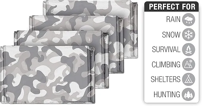 Swiss Safe Emergency Mylar Thermal Blankets   Bonus Space Blanket - Compact & Insulated for Cold Weather - Designed for NASA, Outdoor Camping, Survival, First Aid Car Kit - Arctic Camouflage, 4 Pack