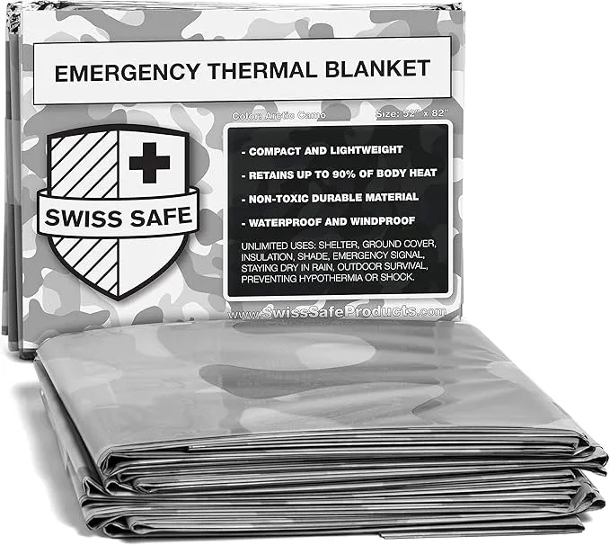Swiss Safe Emergency Mylar Thermal Blankets   Bonus Space Blanket - Compact & Insulated for Cold Weather - Designed for NASA, Outdoor Camping, Survival, First Aid Car Kit - Arctic Camouflage, 4 Pack