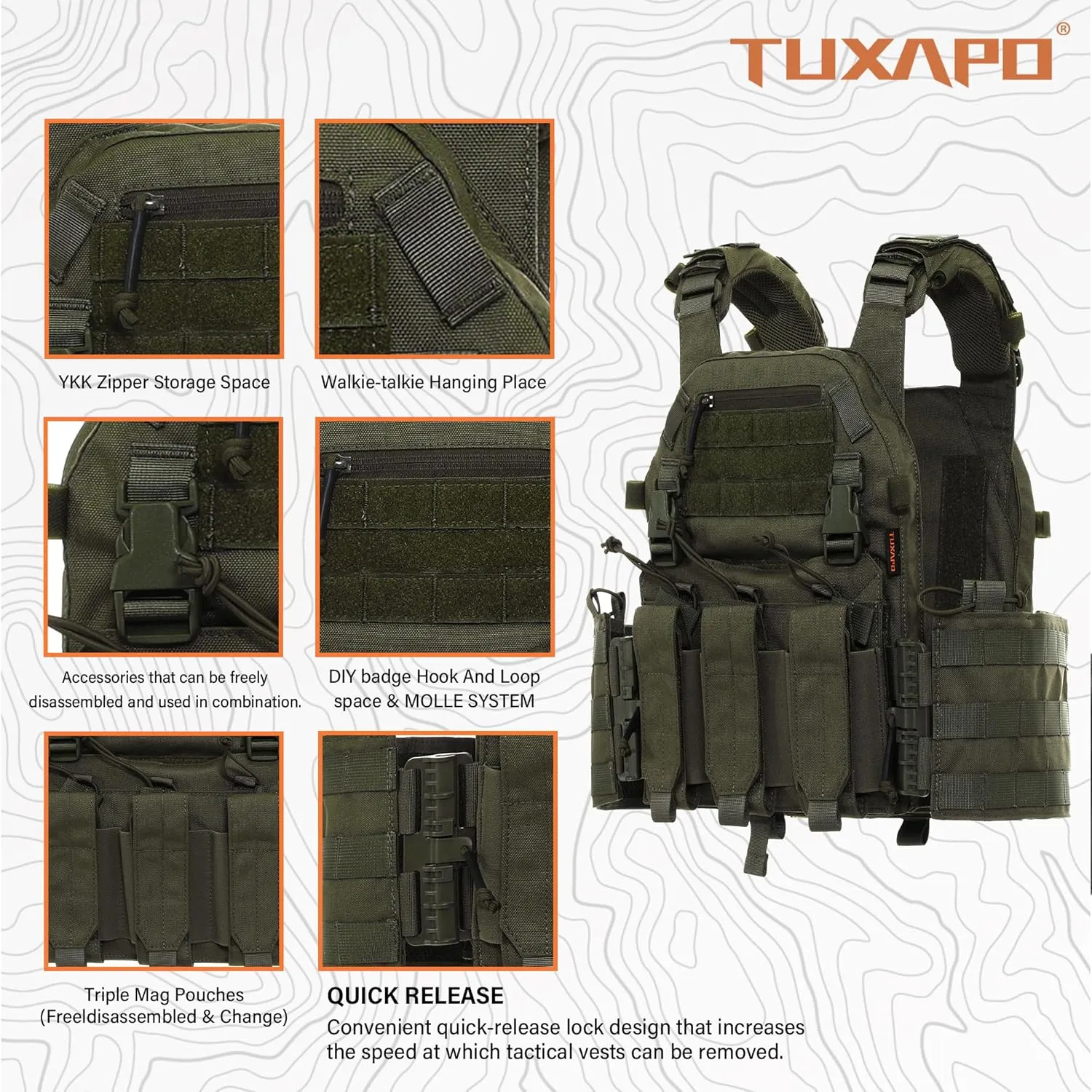 Tactical Molle Vests with Triple mag Pouch and Side Cummerbund Pouches, Quick Release Vests for Men