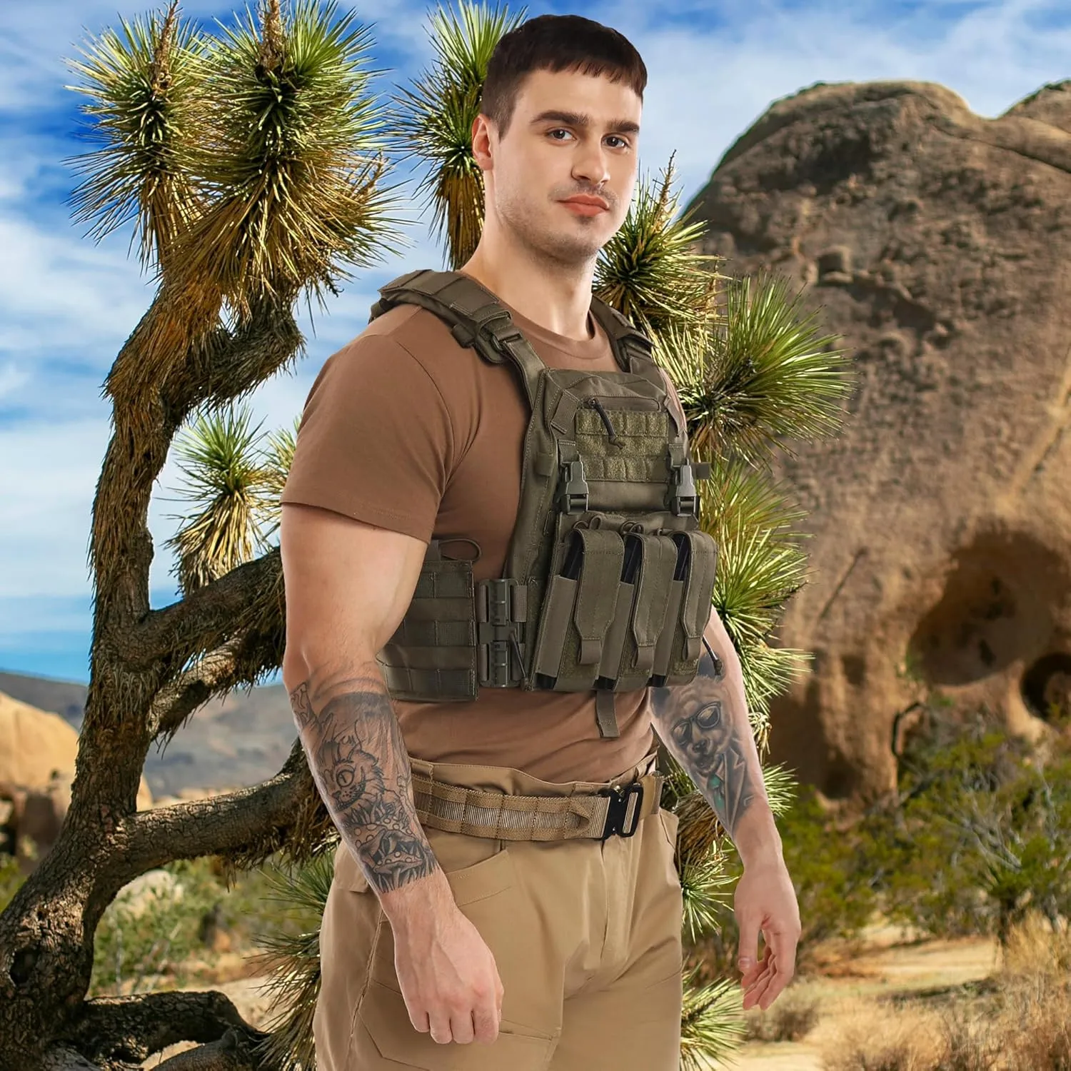 Tactical Molle Vests with Triple mag Pouch and Side Cummerbund Pouches, Quick Release Vests for Men
