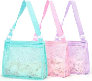 Tagitary Beach Toy Mesh Beach Bag Sand Toy Seashell Bag for Holding Shells Pool Bag with Zipper Swimming Accessories for Kids Boys and Girls(Only Bags,A Set of 3)