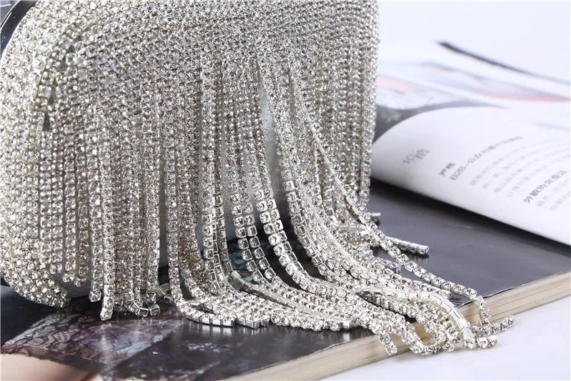 Tassel Rhinestone Silver Clutch
