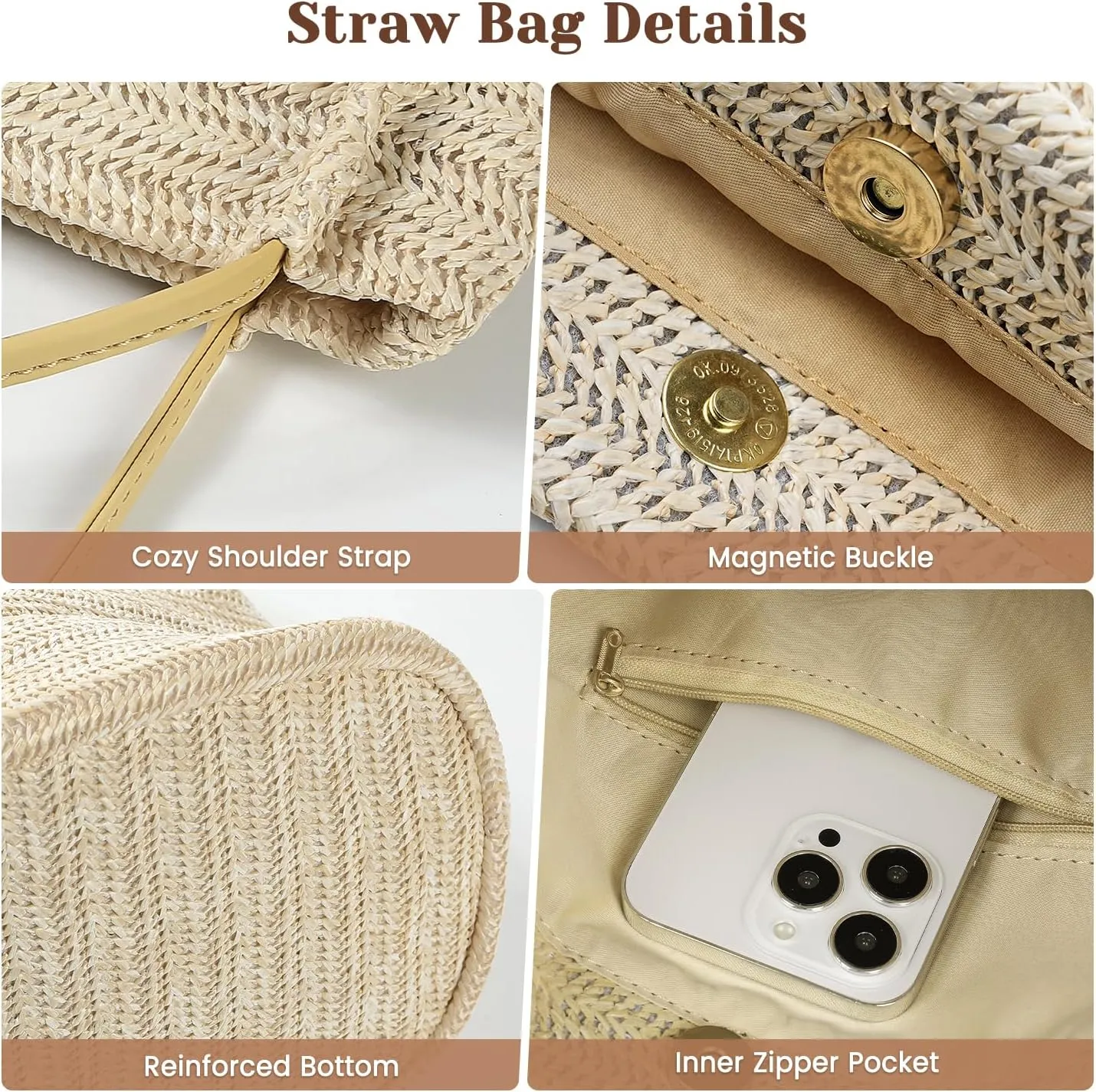 Tavaleu Straw Beach Bags for Women, Tote Handbag Shoulder Bag for Women, Beach Straw Purse Buckets Summer Fashion Hobo Bags