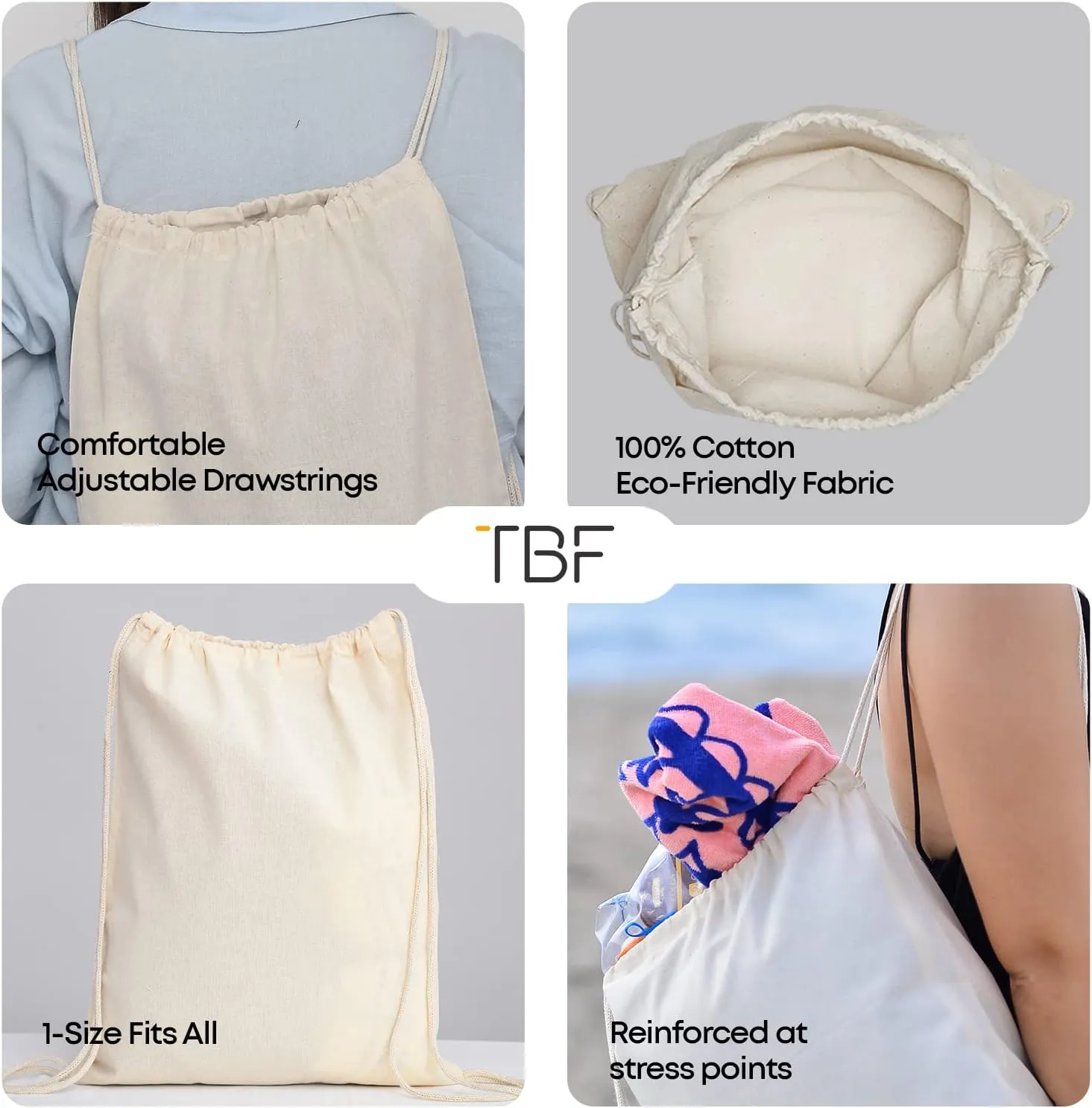 TBF (12 Pack) Set of 12 Durable Cotton Canvas Drawstring Backpack Bags (Medium (14" W x 18" H))