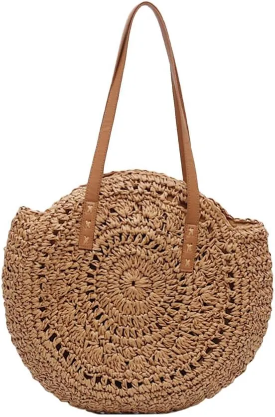 TENDYCOCO Round Straw Beach Bag - Handmade Woven Circle Rattan Shoulder Tote with Leather Straps, Lightweight Summer Vacation Handbag for Women, Travel Purse for Beach, Shopping, Picnic (Khaki)