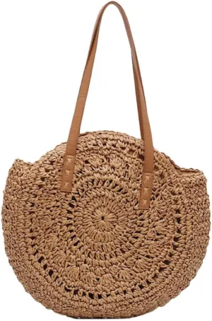 TENDYCOCO Round Straw Beach Bag - Handmade Woven Circle Rattan Shoulder Tote with Leather Straps, Lightweight Summer Vacation Handbag for Women, Travel Purse for Beach, Shopping, Picnic (Khaki)