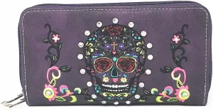 Texas West Women's Embroidered Sugar Skull Wallet Purse Clutch Wallet in 7 colors
