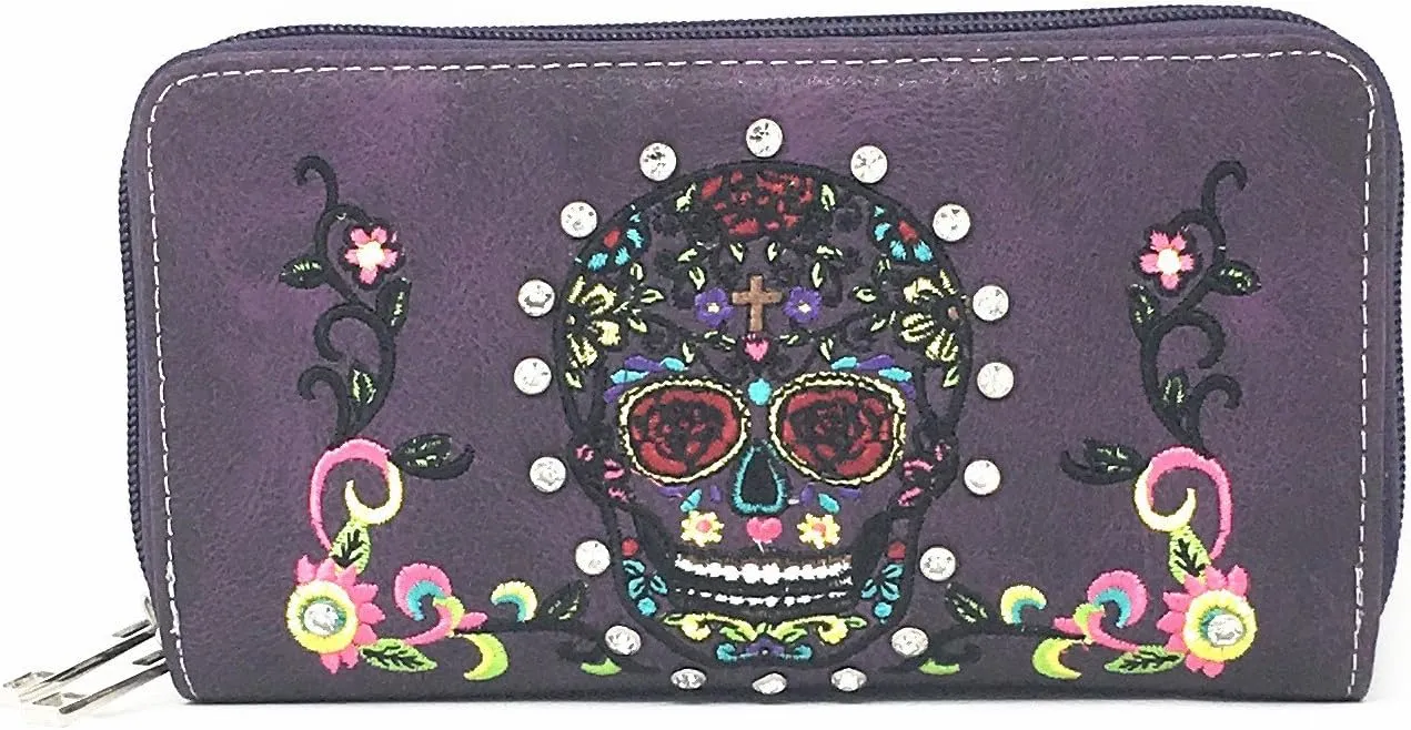 Texas West Women's Embroidered Sugar Skull Wallet Purse Clutch Wallet in 7 colors