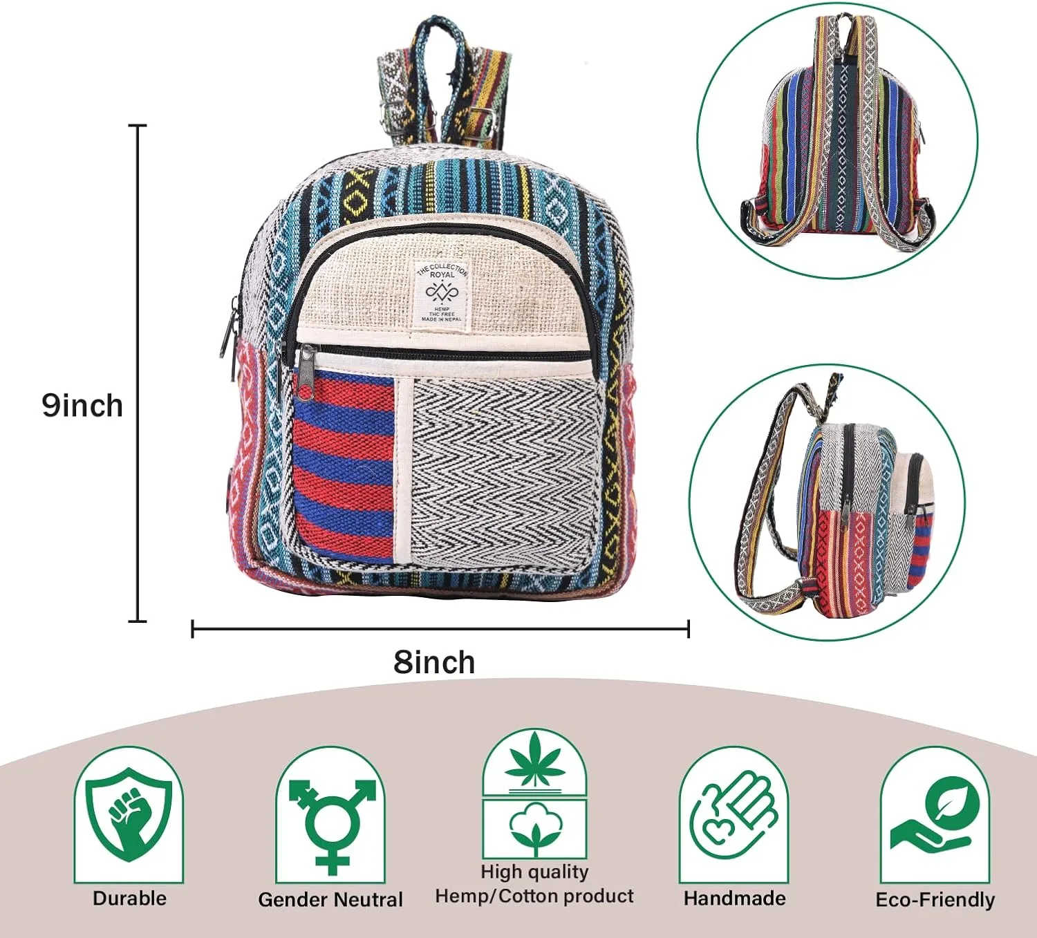 THE COLLECTION ROYAL Himalayan Hemp and Cotton Boho Bohemian Hippie Bag Purse Eco Friendly Mini Daypack Backpack