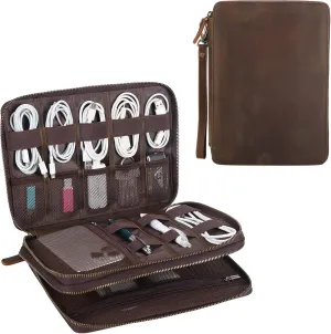 TIDING Full Grain Leather Electronic Travel Cable Organizer Case Double Layer Electronic Accessory Storage Bag for Cables, Charger, Phone, SD Card