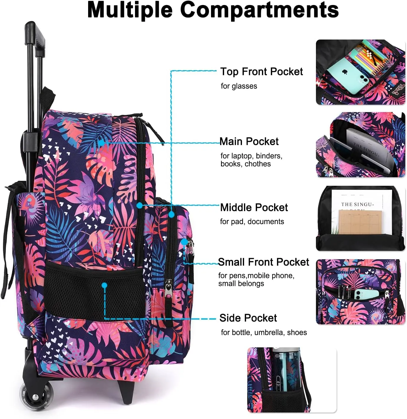 Tilami Rolling Backpack 18 inch Double Handle with Lunch Bag Wheeled Kids Backpack, Leaves Pink
