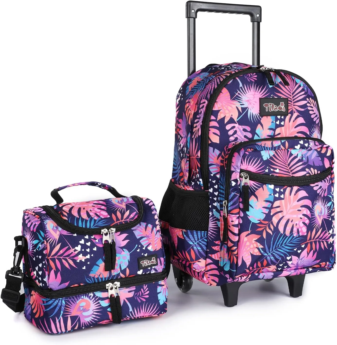 Tilami Rolling Backpack 18 inch Double Handle with Lunch Bag Wheeled Kids Backpack, Leaves Pink