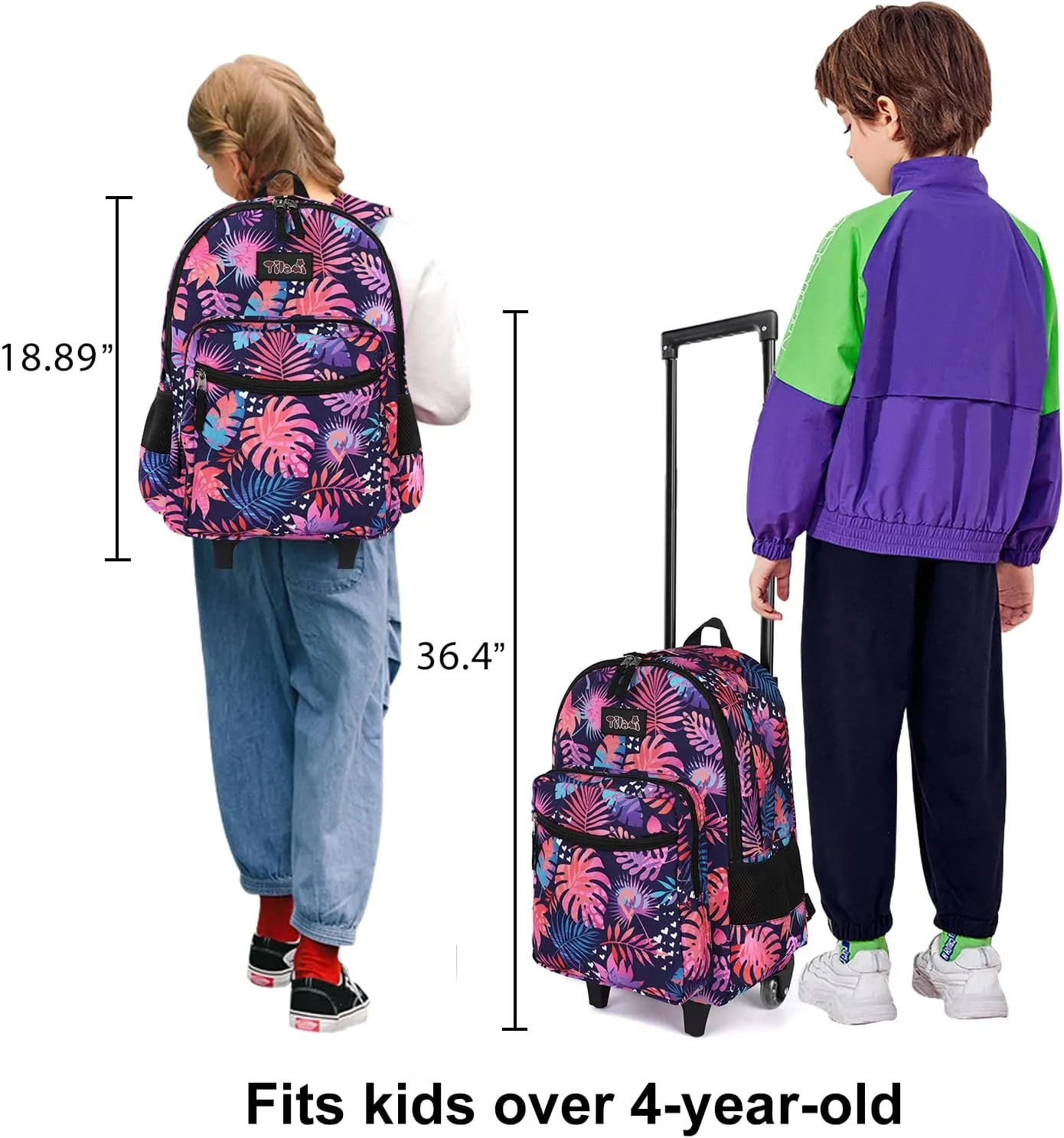 Tilami Rolling Backpack 18 inch Double Handle with Lunch Bag Wheeled Kids Backpack, Leaves Pink