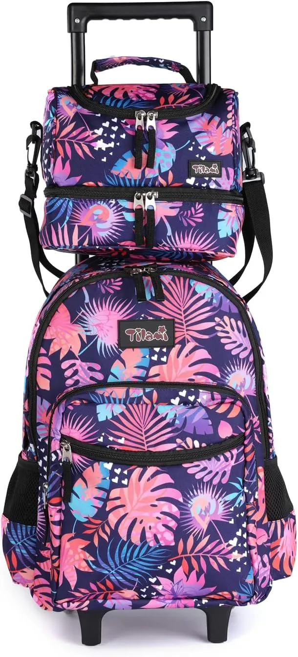 Tilami Rolling Backpack 18 inch Double Handle with Lunch Bag Wheeled Kids Backpack, Leaves Pink
