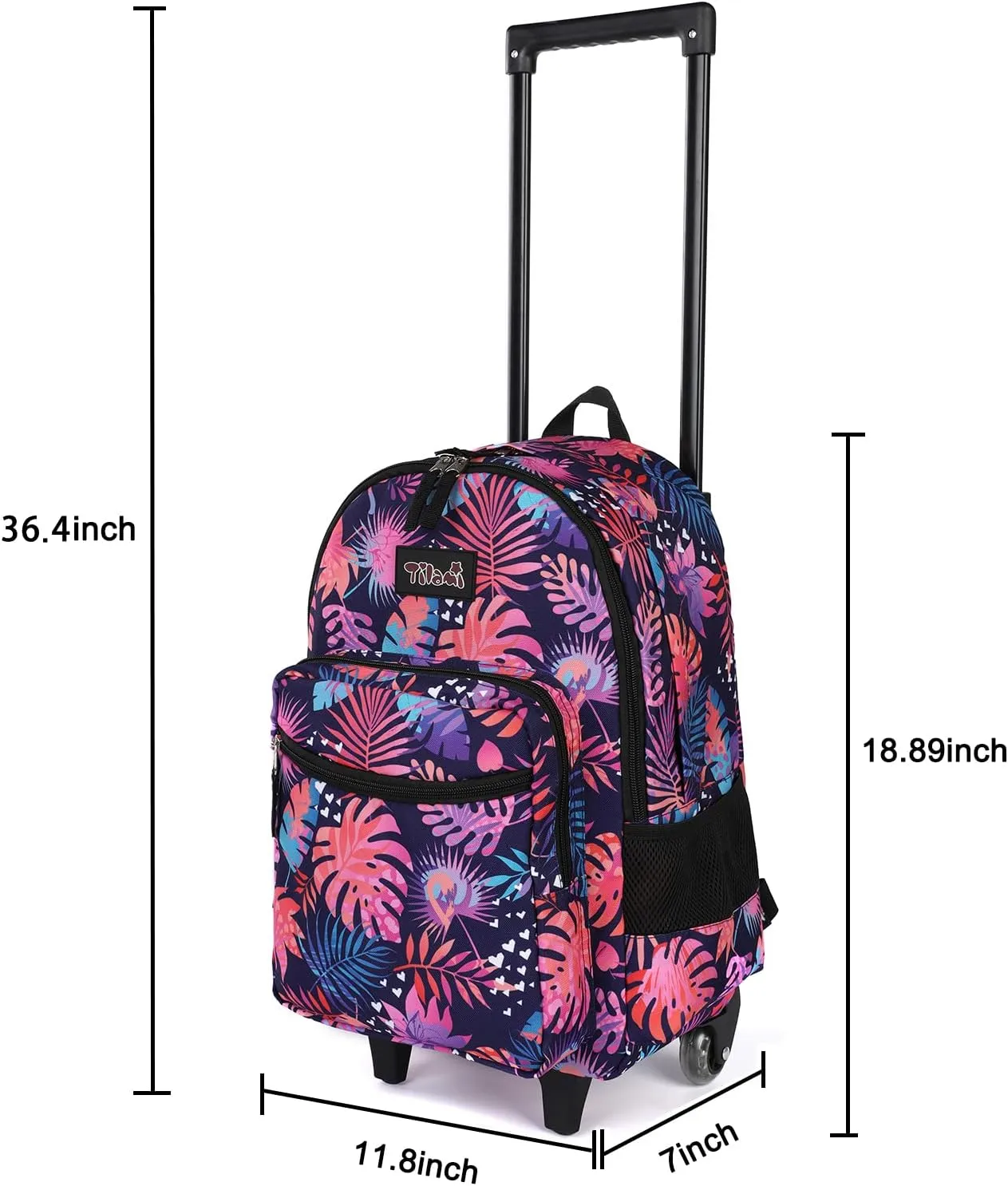 Tilami Rolling Backpack 18 inch Double Handle with Lunch Bag Wheeled Kids Backpack, Leaves Pink