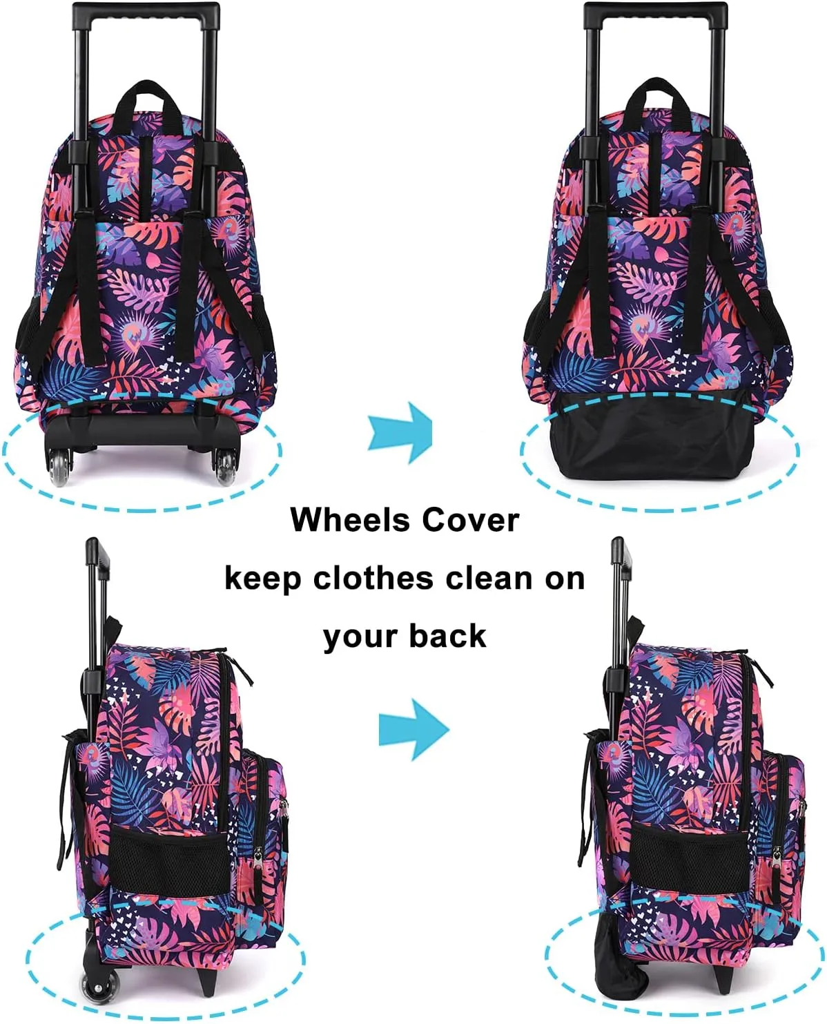 Tilami Rolling Backpack 18 inch Double Handle with Lunch Bag Wheeled Kids Backpack, Leaves Pink