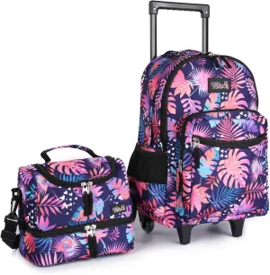 Tilami Rolling Backpack 18 inch Double Handle with Lunch Bag Wheeled Kids Backpack, Leaves Pink