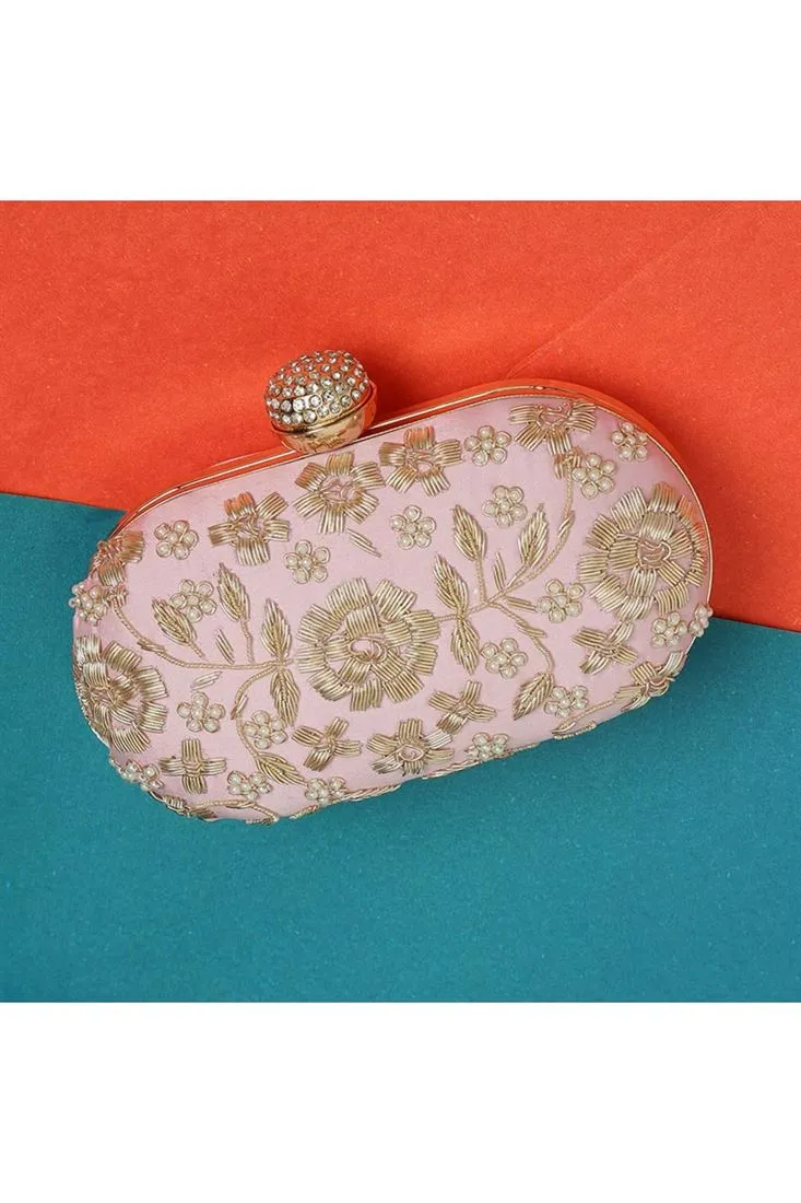 Timeless Art Silk Embroidered Pink Clutch