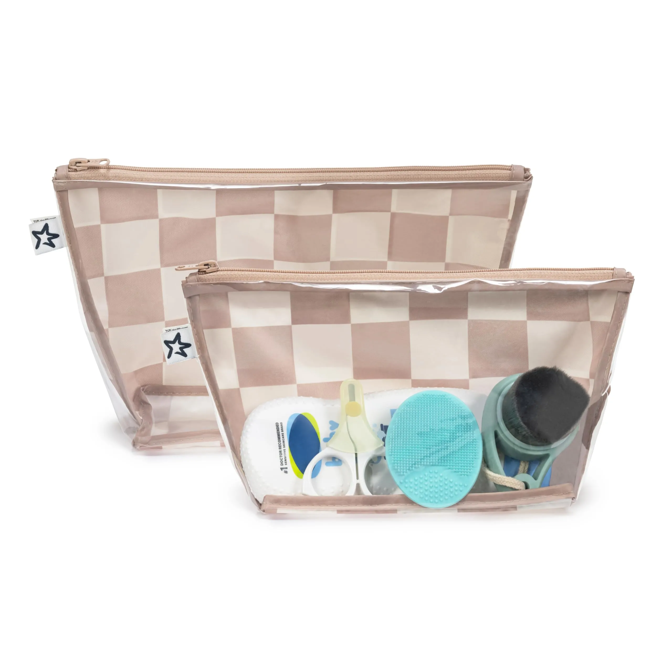 Tiny Twinkle Mess-proof Travel Bags, Airline Compliant, Zipper Closure, Clear Front Pouch, Diaper Bag Packing, Toiletry or Cosmetics Organizer 2 Pack Set (Beige Checkers)