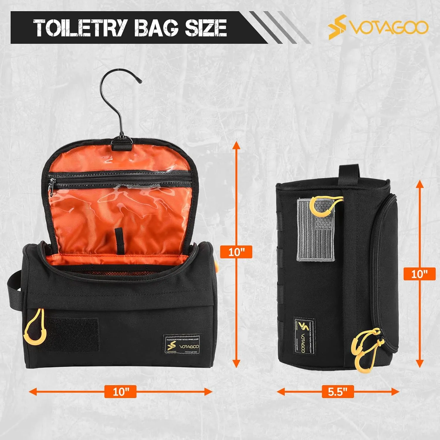 Toiletry Bag for Men 500D Nylon Waterproof Tactical Shower Bag with Hanging Hook, Dry Wet Separation for Travel, Camping, Hunting, Outdoor Essentials (Black)
