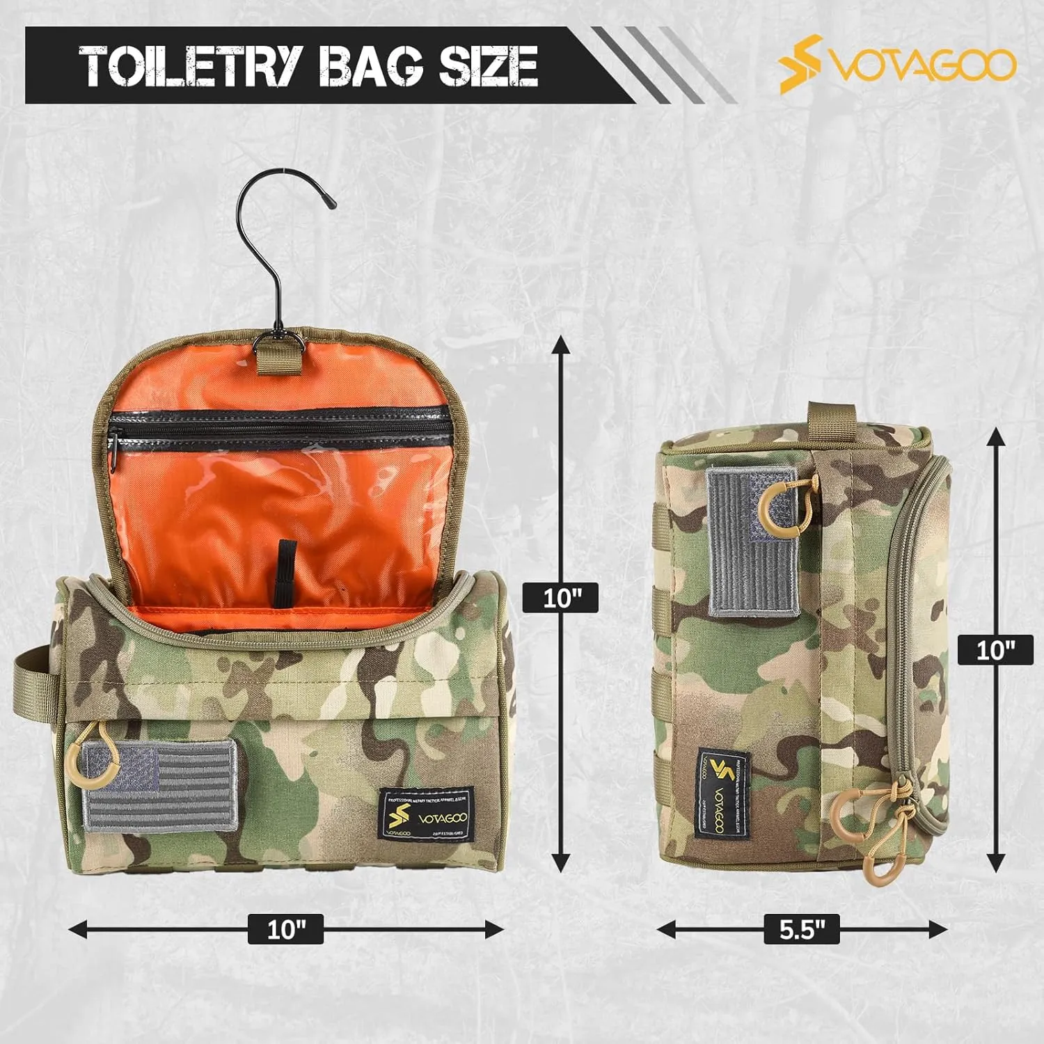 Toiletry Bag for Men 500D Nylon Waterproof Tactical Shower Bag with Hanging Hook, Dry Wet Separation for Travel, Camping, Hunting, Outdoor Essentials