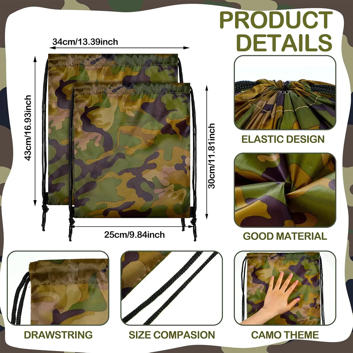 Tondiamo 12 Pcs Camo Bag Drawstring Backpack Camouflage Drawstring Bags Army Cinch Bag Camo Polyester Pack Bulk Woodland Bag (Camouflage, 9.8 x 11.8 Inch)
