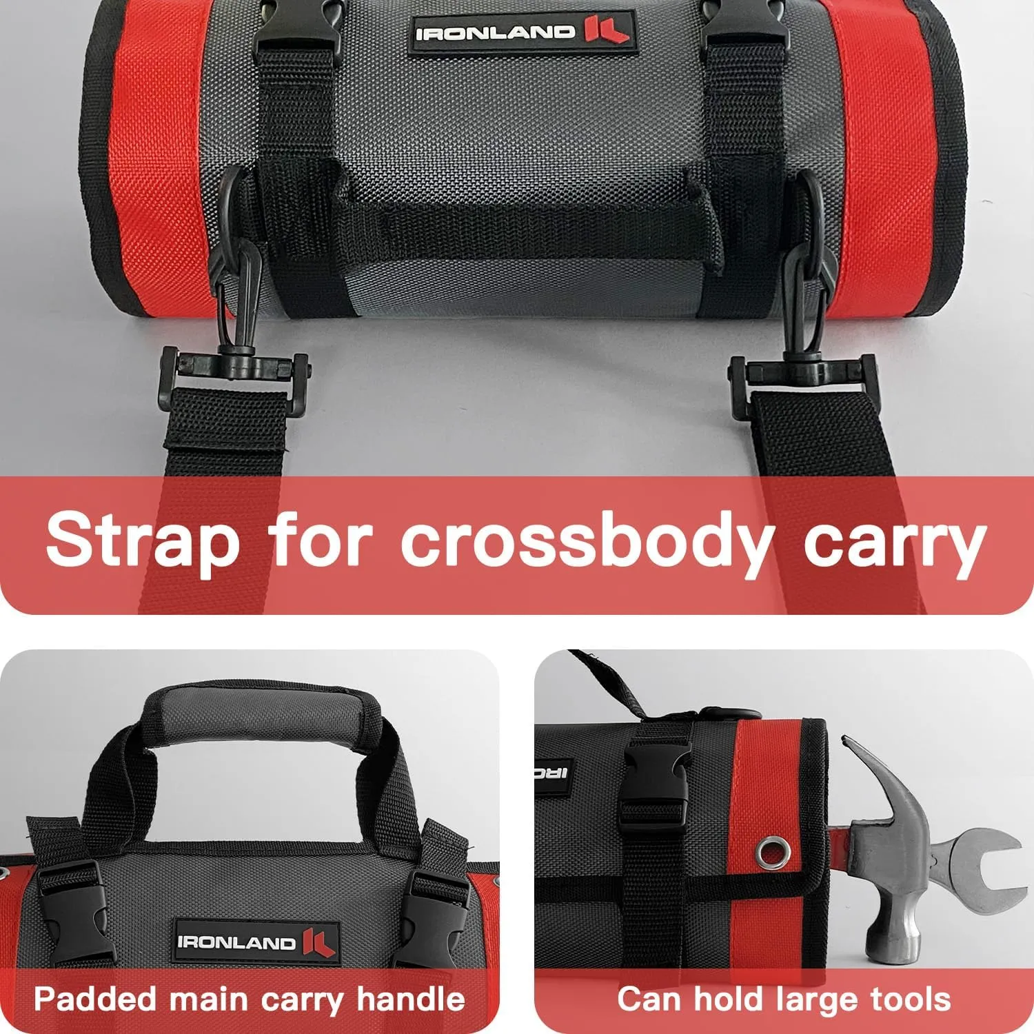 Tool Bag Roll Up, Heavy Duty Tool Organizer for Men Portable Tool Storage Box with 5 Detachable Zipper Pouch and Wrench Pouch - Gifts for Dad Tool Roll Organizer Adjustable Shoulder Strap Grey