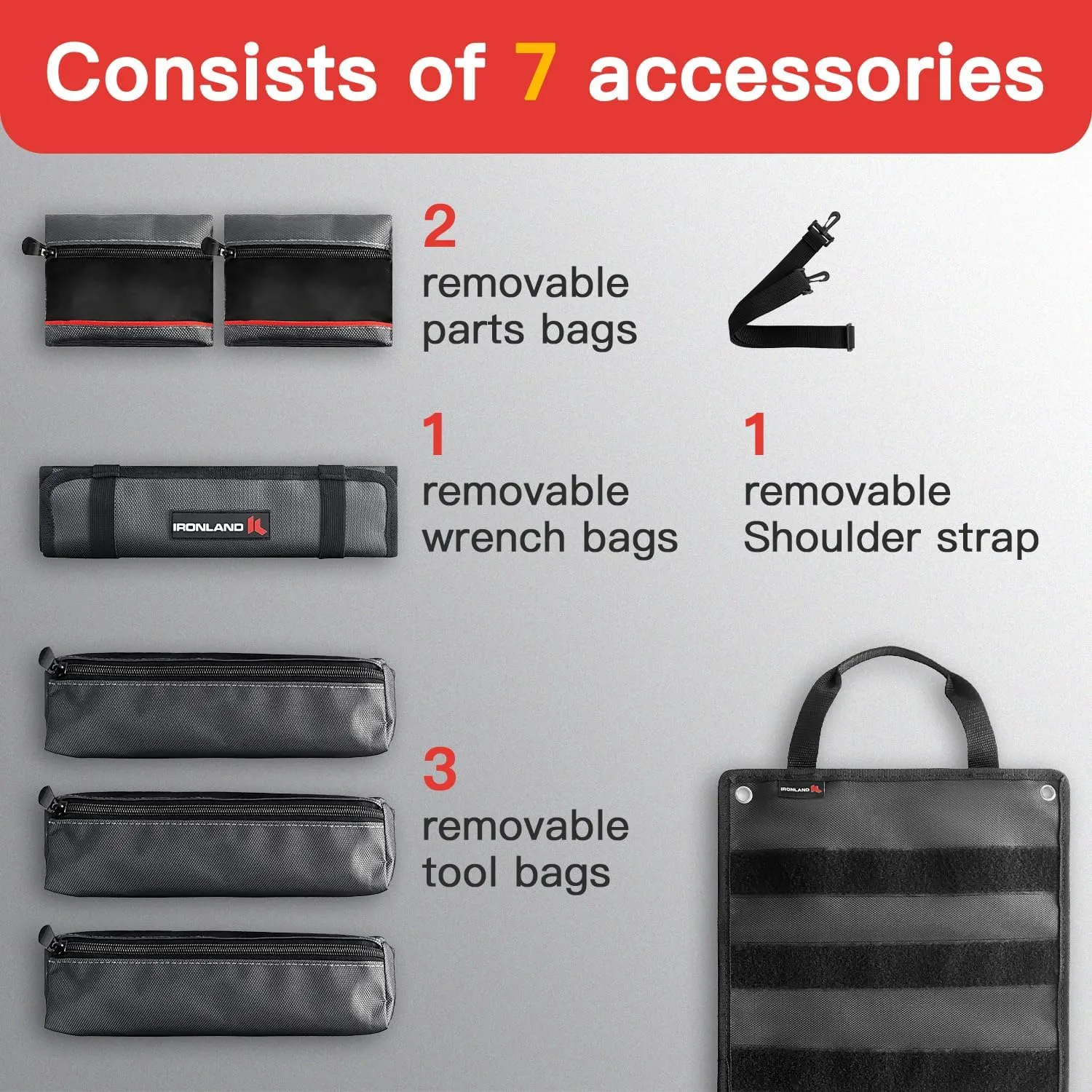 Tool Bag Roll Up, Heavy Duty Tool Organizer for Men Portable Tool Storage Box with 5 Detachable Zipper Pouch and Wrench Pouch - Gifts for Dad Tool Roll Organizer Adjustable Shoulder Strap Grey