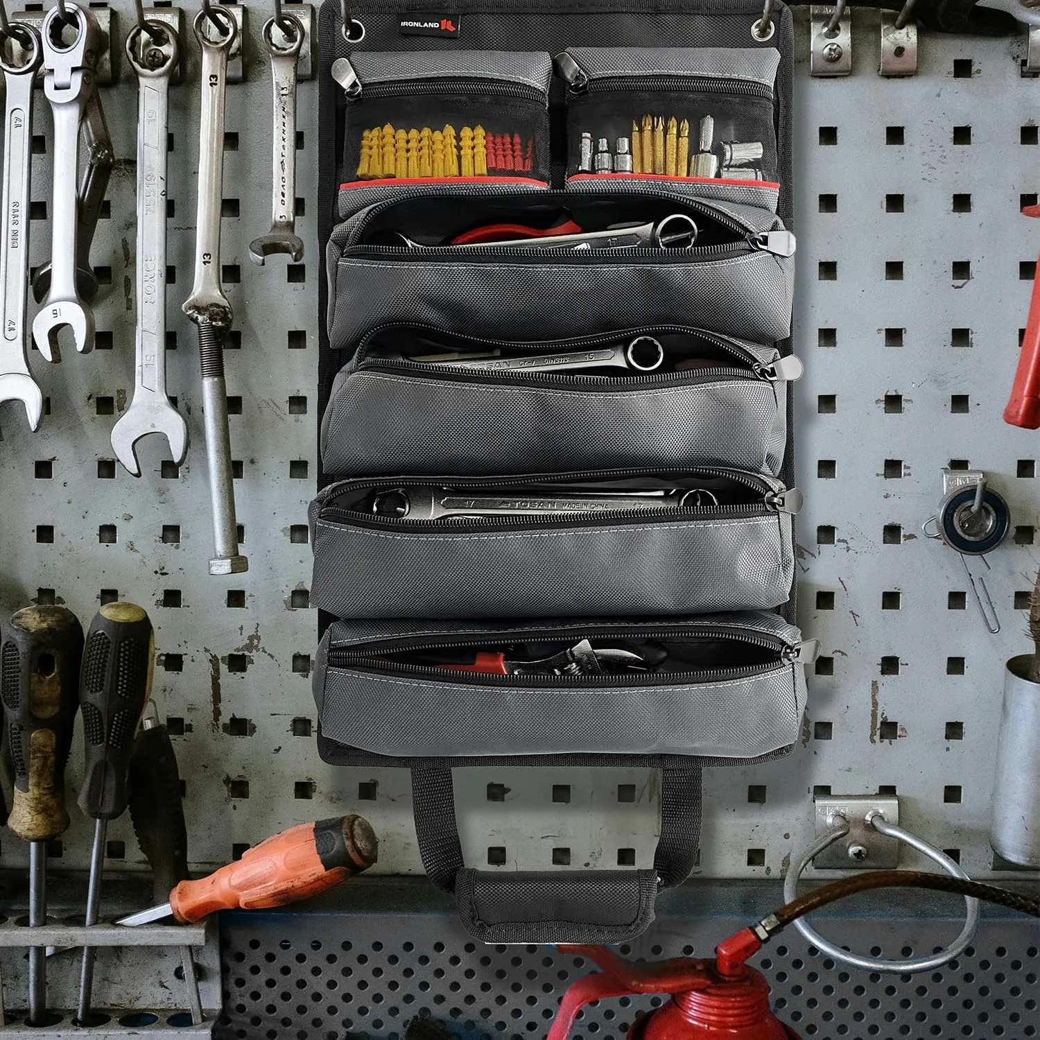 Tool Bag Roll Up, Heavy Duty Tool Organizer for Men Portable Tool Storage Box with 5 Detachable Zipper Pouch and Wrench Pouch - Gifts for Dad Tool Roll Organizer Adjustable Shoulder Strap Grey