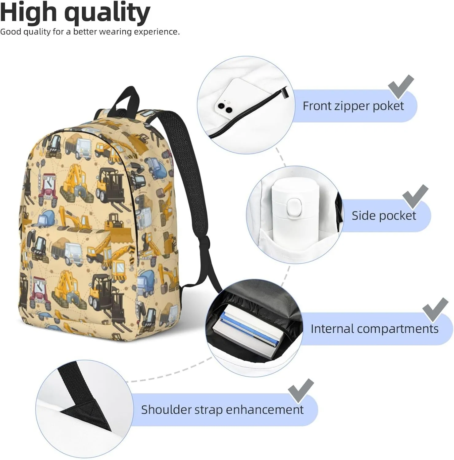 Tool truck assembly crane excavator forklift truck Canvas Backpacks Laptop Backpack Multipurpose Double Shoulder Bag for Men Women Gifts Small
