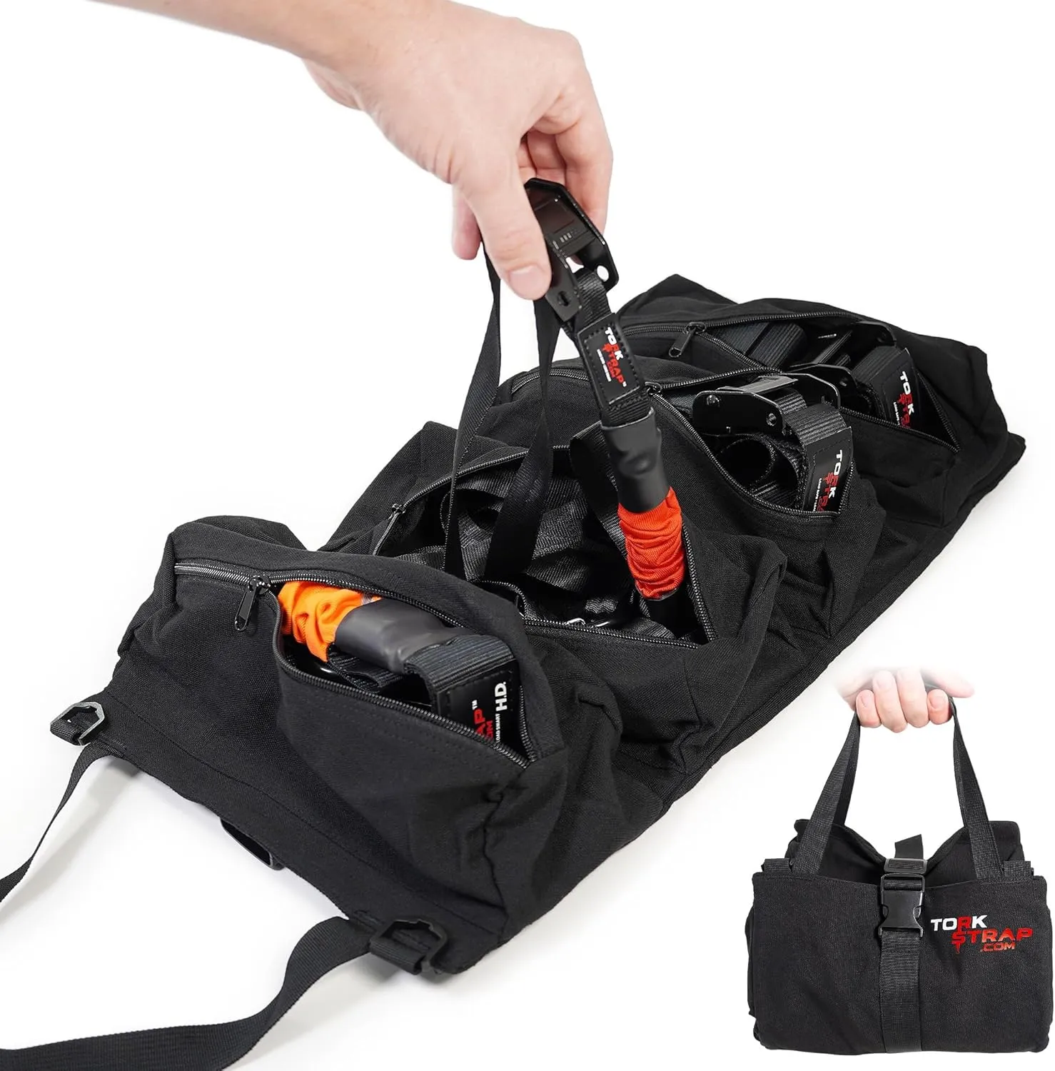 TorkStrap TorkBag | Tie Down Strap Organizing Bag - Stores up to 8 Cargo Straps - No More Tangled Straps - Heavy Duty Canvas Bag for Tiedowns, Ratchet Straps and/or Bungees - Lightweight and Portable
