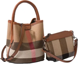 Tote Bag for Women, Leather Plaid Bucket Shoulder Bag Top Handle Canvas Crossbody Handbag Designer Classic Purse