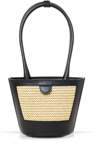 Tote Bag for Women, Summer Beach Bag, Hand-Woven Bags Stitched Leather, Straw Shoulder Bag Suitable for Vacation Travel Daily(Black)