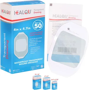 Transparent Film Dressing, 4" x 4 3/4" Box of 50 - Waterproof Wound Bandage Adhesive Patches, Post Surgical Shower or IV Shield, Tattoo Aftercare Bandage by Healqu