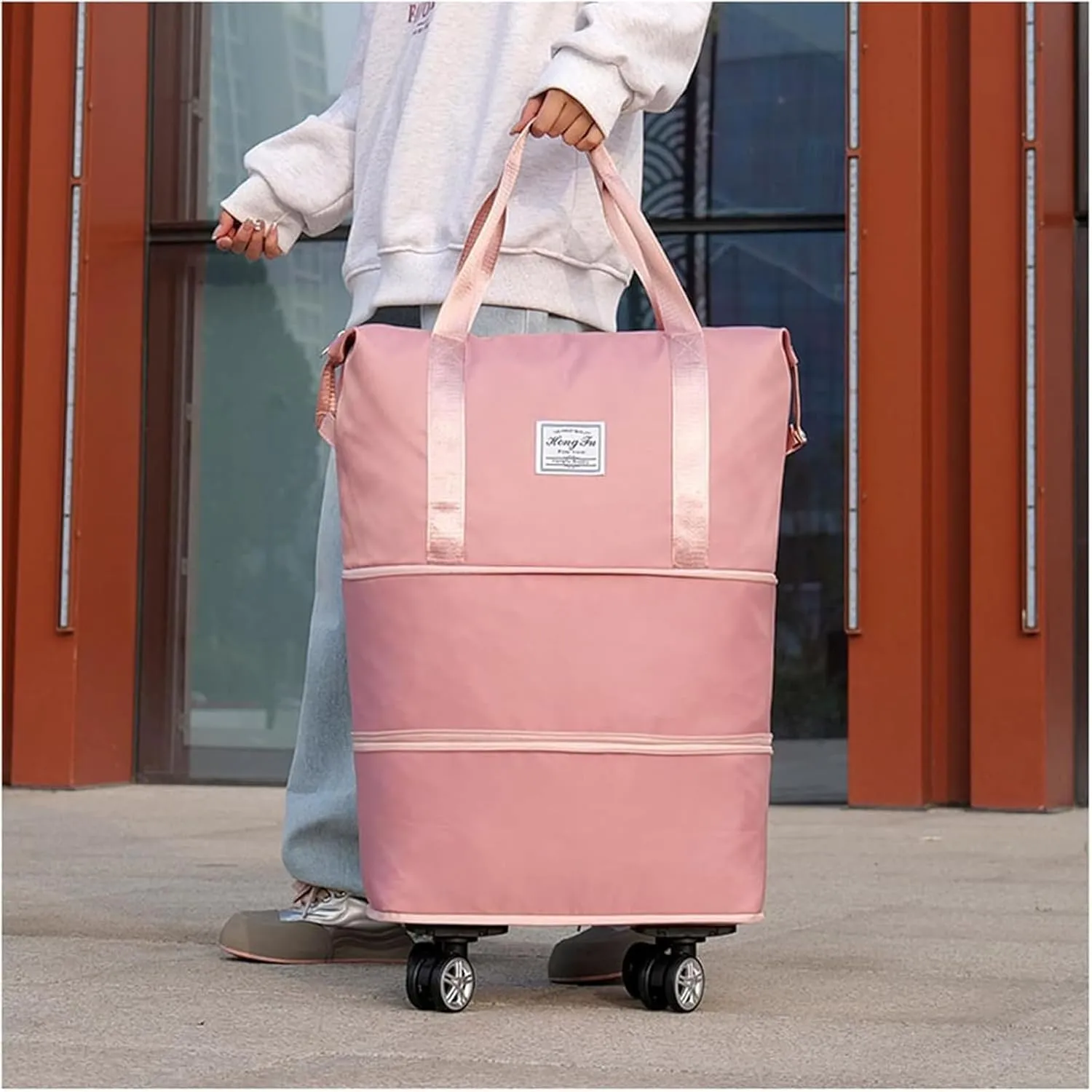 Travel Bag with Wheels - Expandable Foldie Wheeled Duffel 28-58L, Spinner Wheels, Waterproof - Perfect Carry On Luggage for Weekend Trips, Gym, Camping (Grey)